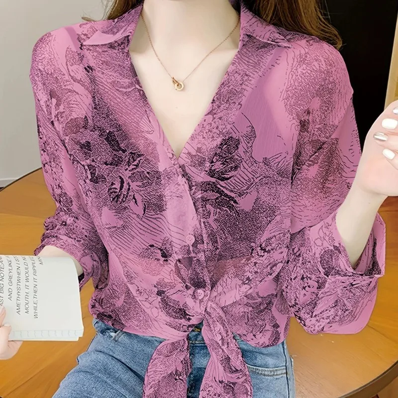 Japanese Style Retro Summer Chiffon Blouses Women\'s Polo-Neck Button Printed Long Sleeve Loose Fashion Sunscreen Clothing Shirts