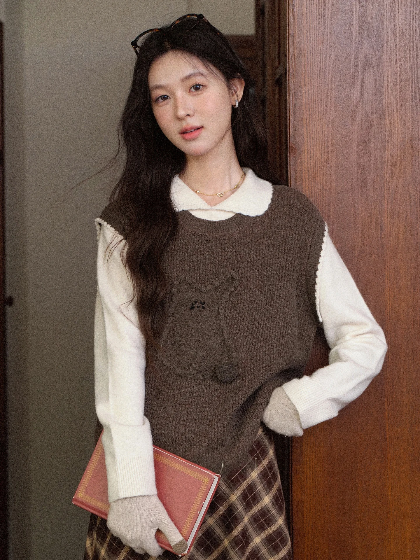 

Warm Brown Knitted Vest Women's Autumn Slimming Top Coffee Color Knitwear V-Ne Long Sve Casual Sle Commute Faion