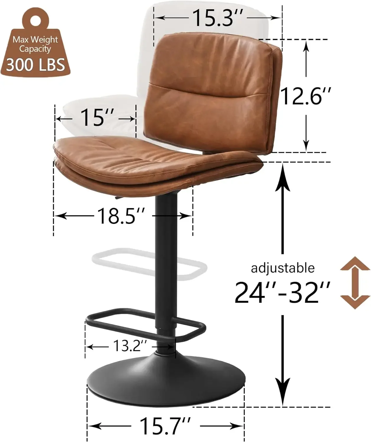 Drehbare Barhocker, 4er-Set, doppellagig gepolsterte Barhocker in Thekenhöhe mit Rückenlehne, verstellbarer Barhocker 24"-32"