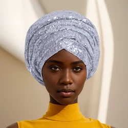 African Cotton Print Shiny Head Wrap Long 23*180cm Fashion New Urban Hair Scarf Tie for Women Sequins Head Wraps WYB904