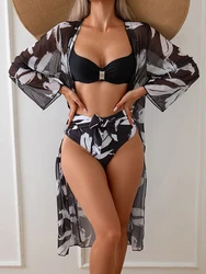 2024 3-częściowe Bikini z wysokim stanem z długim rękawem Kimono stroje kąpielowe damskie Push Up strój kąpielowy kąpiące się kostium kąpielowy