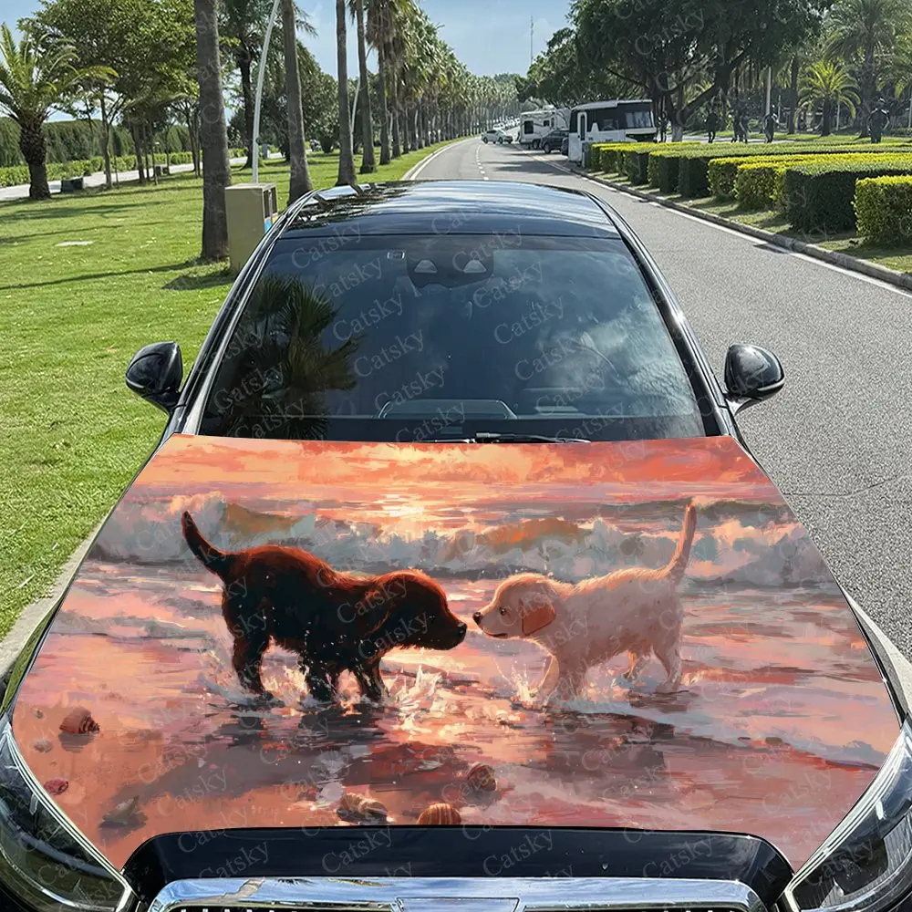 Coastal Puppy Pair Playing Car Cover Sticker, Auto Hood Decal, Car Exterior Scratch Resistant Decal, Trendy Gift for Car Lovers,