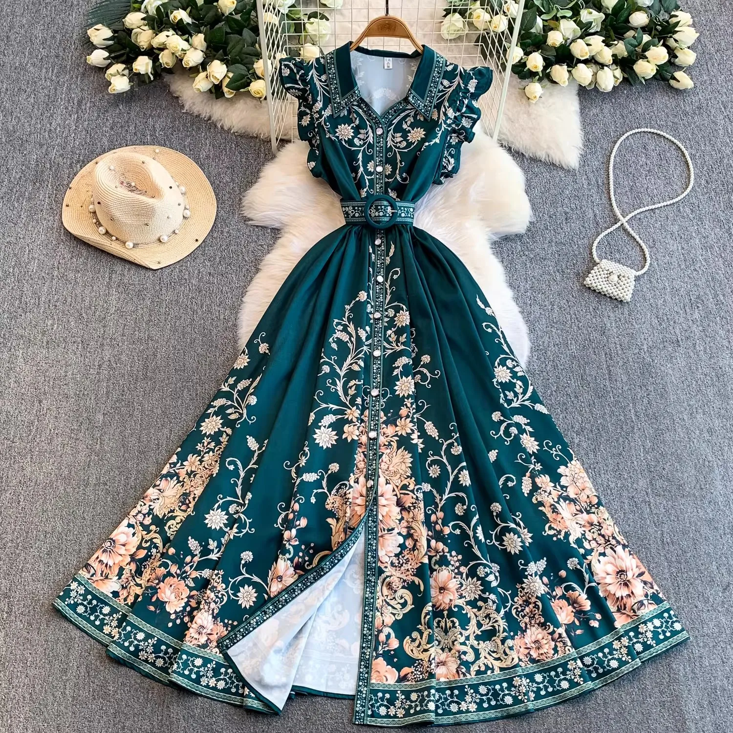 

2026 Summer Women Clothing Runway Fashion Retro Print Flying Sleeve V-Neck Single Breasted Belted Vintage Party Long Vestidos