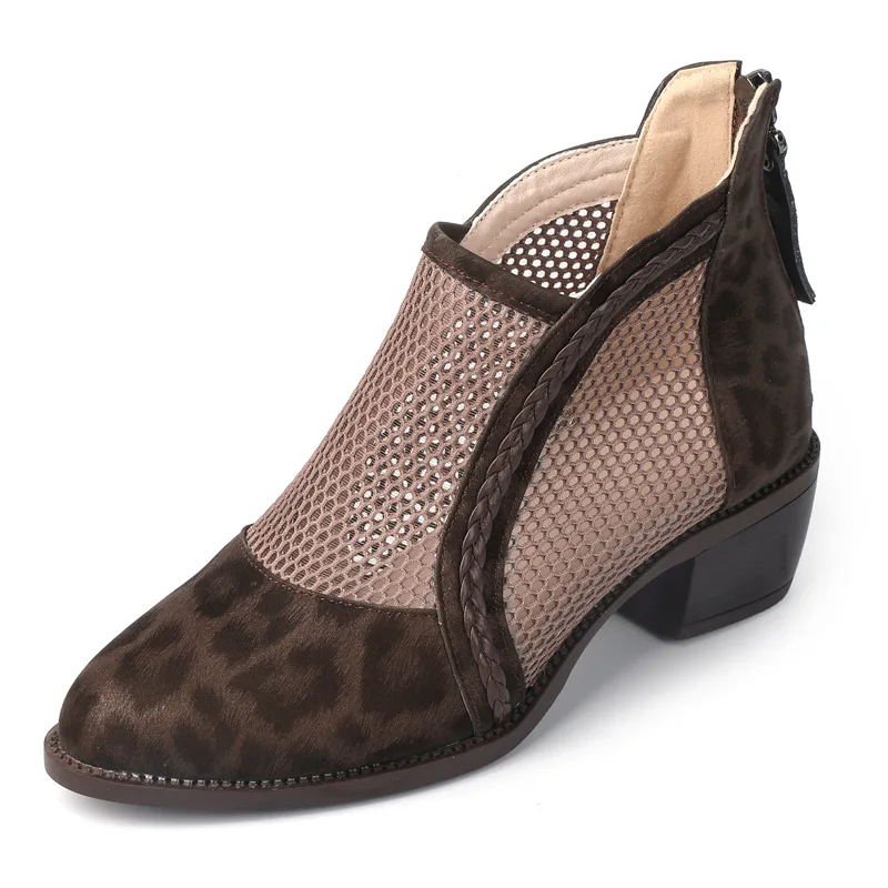 

GKTINOO Женские сандалии из натуральной кожи с леопардовым принтом, с круглым носком, в римском стиле, летние 2026, ретро, с сетчатыми вставками, модные ботинки на толстом каблуке