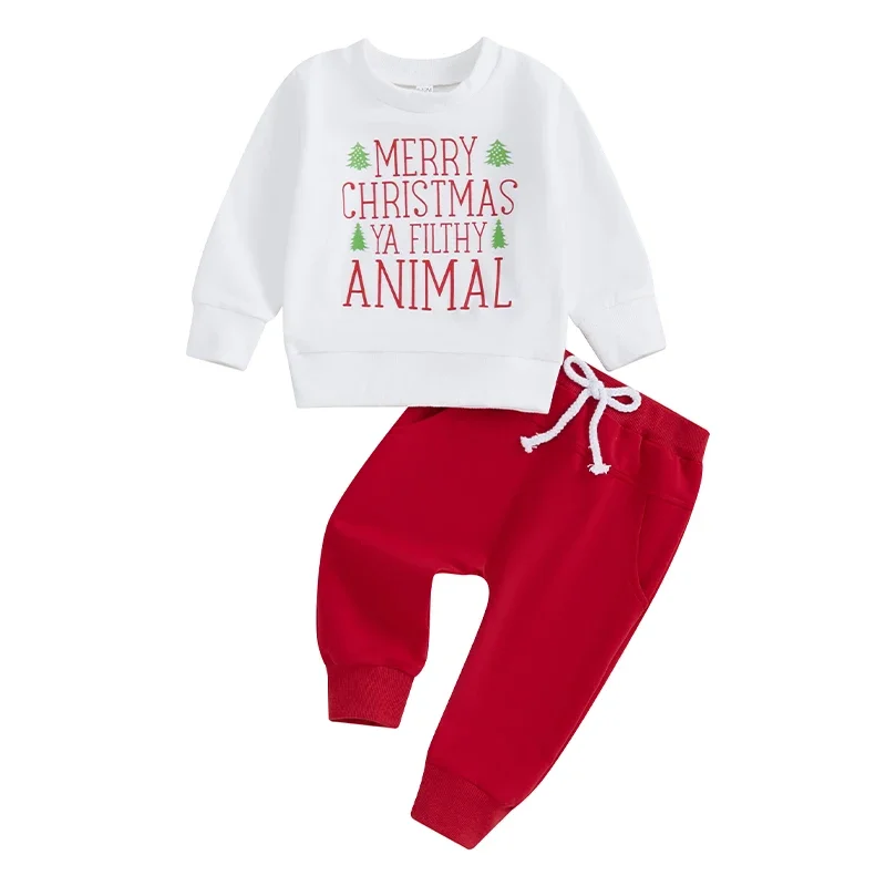 

Baby Boy Girl Christmas Outfit Tree Letter Print Long Sleeve Sweatshirt Elastic Waist Pants 2 Piece Set for Fall Winter
