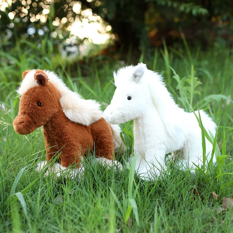 Poupées en peluche de cheval blanc et brun pour enfants, jouets en peluche d'animaux, poney super réaliste, cadeau d'anniversaire, simulation, haute qualité