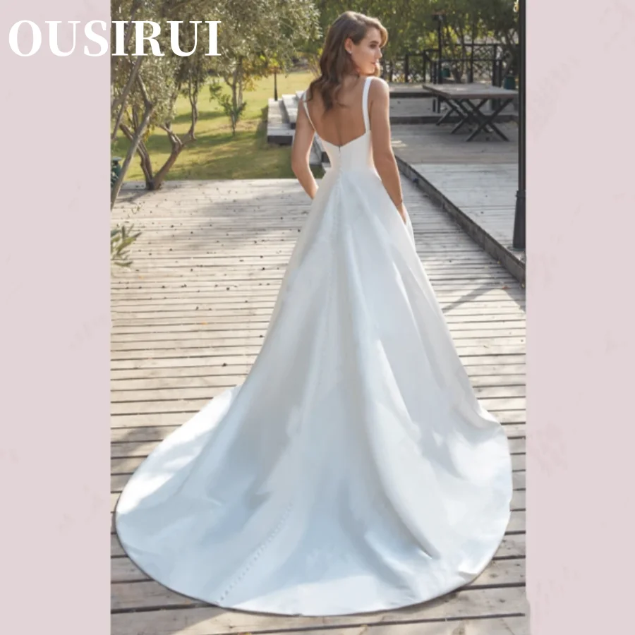 OUSIRUI abiti da sposa in raso a-line bottoni senza schienale abiti da sposa con scollo a v civile colletto quadrato Bride Party Spaghetti Straps