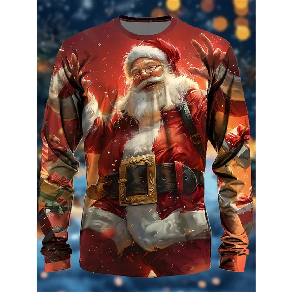 

Рождественская футболка с длинным рукавом и круглым вырезом с 3D принтом, мужские футболки с длинными рукавами Санта-Клауса, повседневный пуловер, праздничная мужская одежда