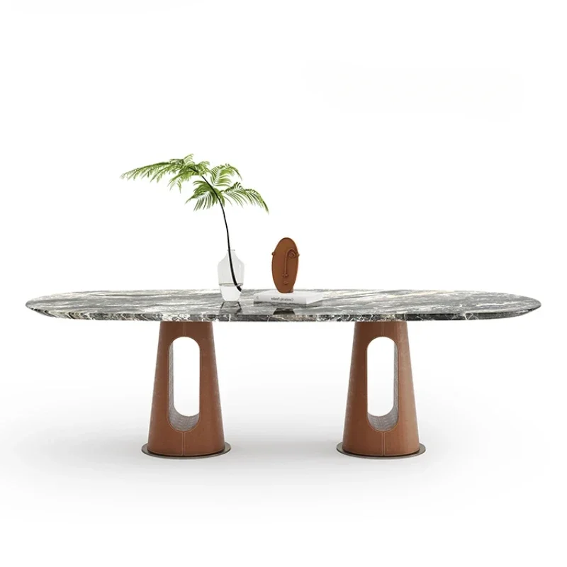 Italian-Style Light Luxury Venice Brown Natural Stone Saddle Leather Rectangular Dining Table Marble Dining Table