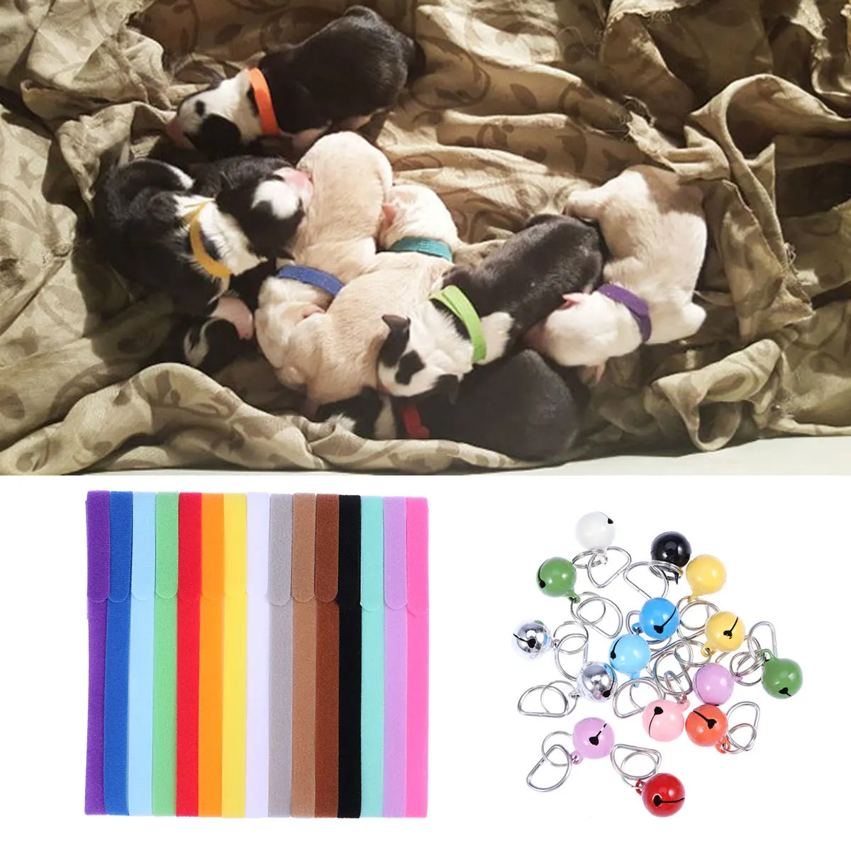 

15Pcs Pet Collars Adjustable Single Side Soft Puppy Id Bands 15 Colors Metal Bells for Dogs Cats Safety Identification