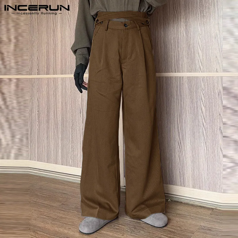 

INCERUN 2024 Casual Simple Men Trousers Stylish High Waisted Crossover Design Long Pants Streetwear Straight Leg Pantalons S-5XL