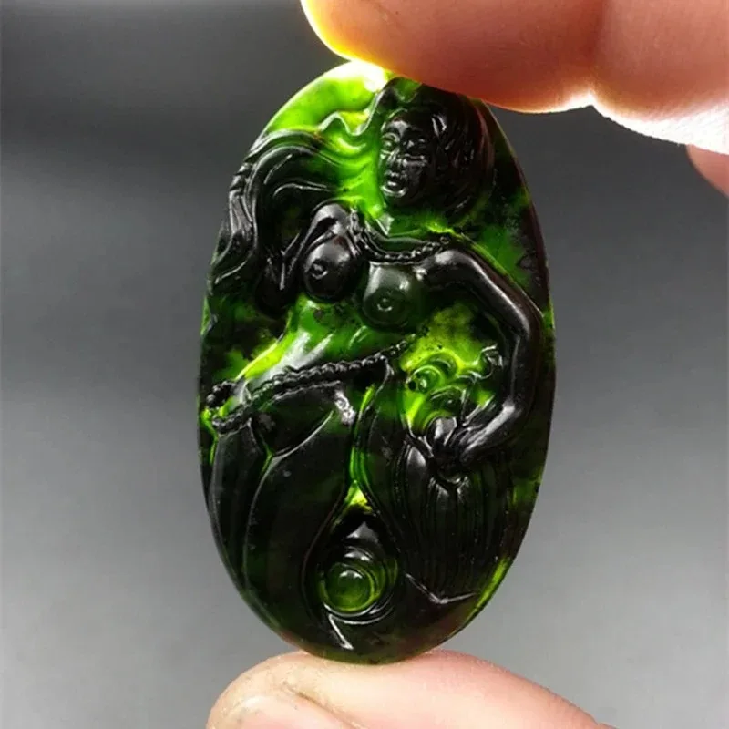 

Natural Chinese Black Ink Jade Hand Carved Mermaid Pendant Fashion Boutique Jewelry Men and Women Necklace Gift Accessories