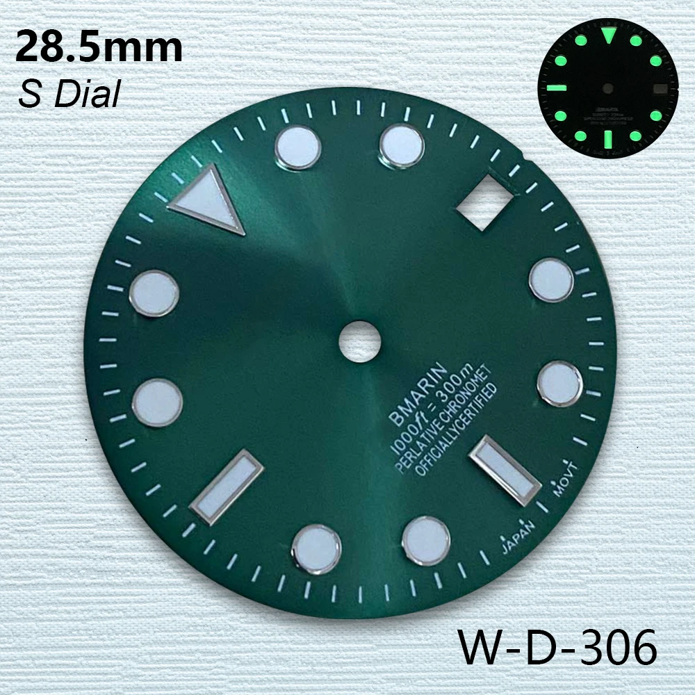 28.5mm S Logo SUB Dial Suitable For NH35/NH36/4R/7S Japanese Automatic Movement C3 Green Luminous Watch Accessories