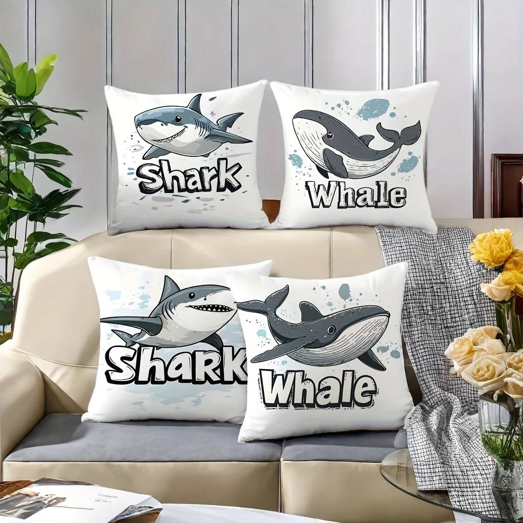 4pcs Shark and whale patterns Single-sided printing Short plush Suitable living rooms bedrooms sofas (excluding pillow cores)
