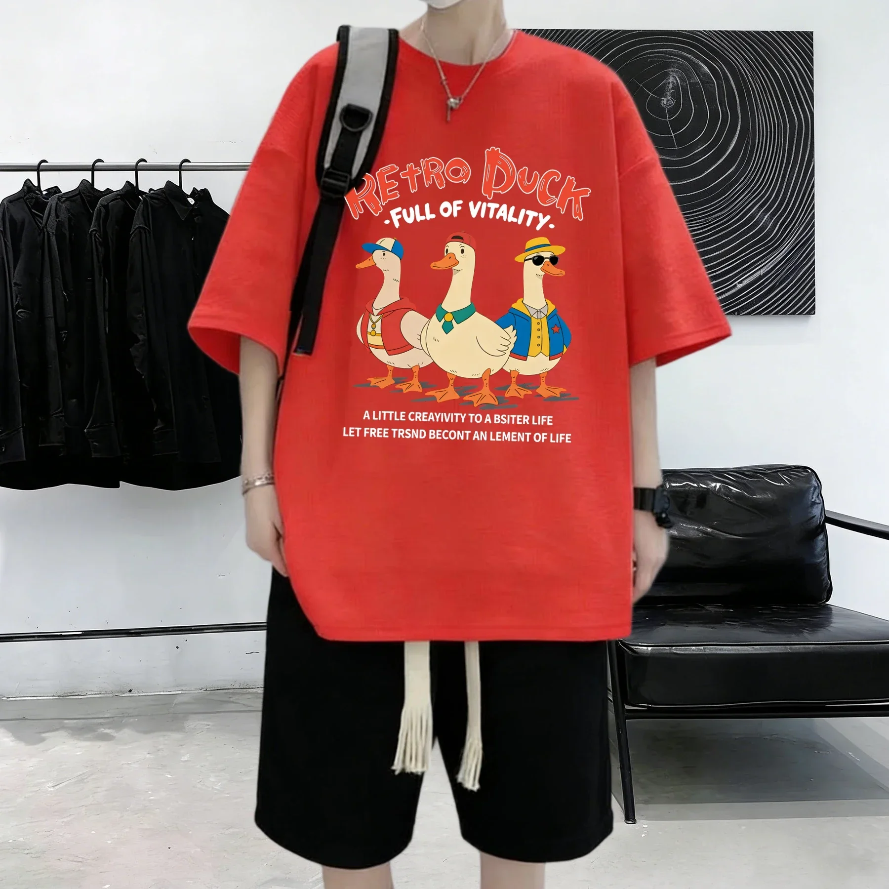 Retro Duck Full Of Vitality Printing Summer Basics Beach T Shirt Cotton Man Soft All-Match Short Sleeve Loose S-3Xl Tops Unisex