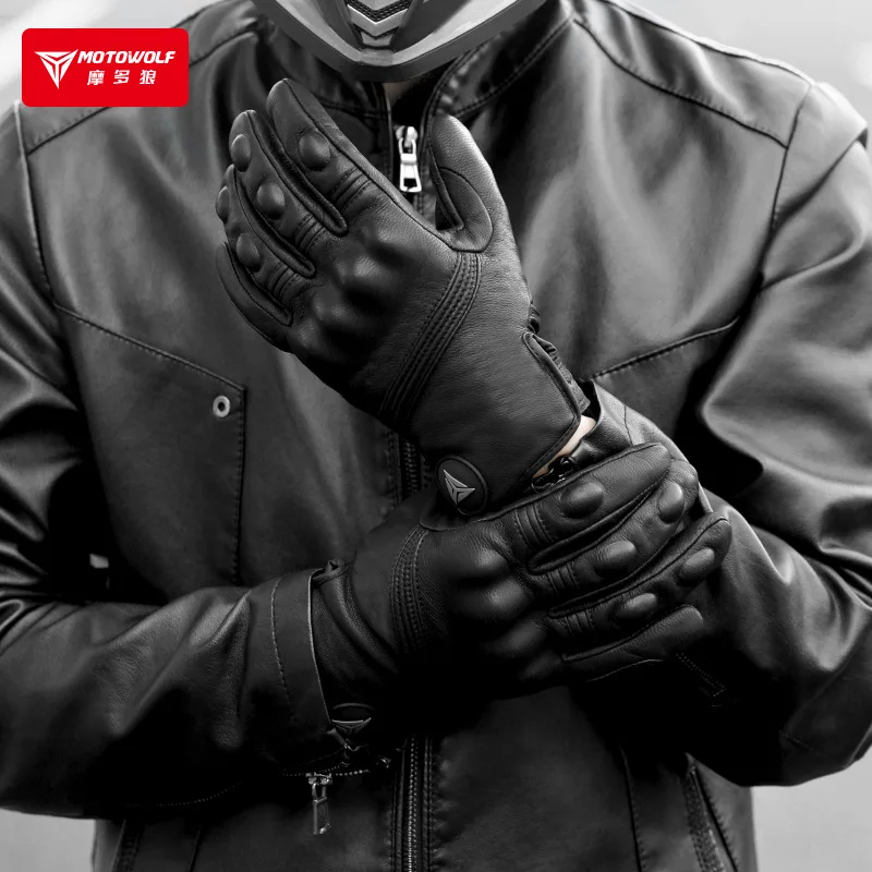 MOTOWOLF Motorcycle Winter Riding Windproof Warm Long Gloves Leather Thickened Plush Fall Resistant All Finger Gloves