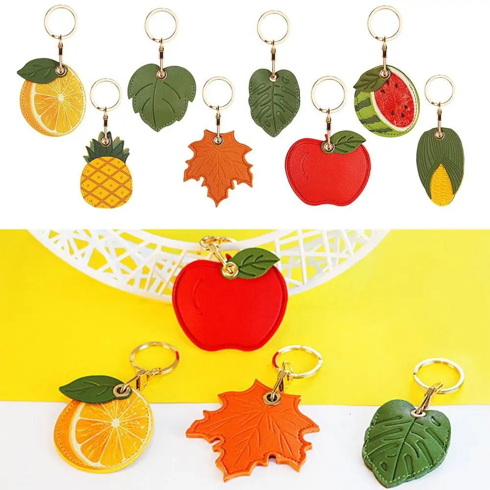 1PC Fruit Leaf Shape PU Leather AirTag Cover 2-in-1 Access Card Protective Sleeve Anti-Lost Keychain for Apple AirTag
