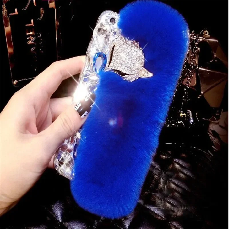 LaMaDiaa-Luxury Bling Diamond Soft Fur Case, Fox Head Phone Case for iPhone, 15Plus, 14, 16, 12, 13 Pro Max, XR, XS, 15, 16Plus