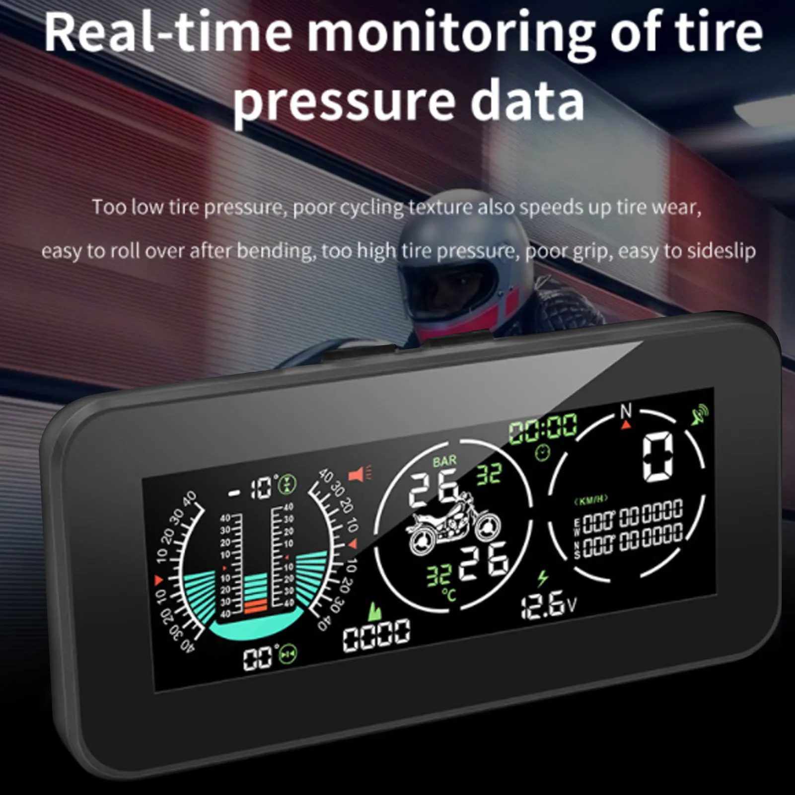 

Tire Pressure Monitor Gradient Meter GPS HUD Display with 2 External TPMS Sensors for Motorcycle Tire Pressure Monitoring System