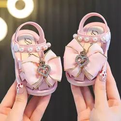 New Summer Aged 0-3 Cute Bow Rhinestone Baby Shoes For Girls Non-Slip Soft-Soled Children Toddler Kids Sandals With Covered Toes