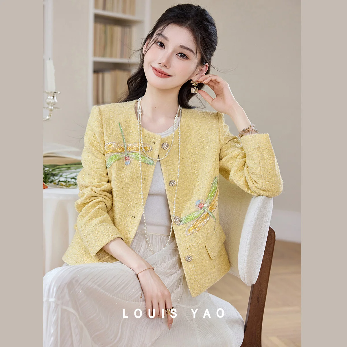 

LOUIS YAO Women's Jackets 2026 Spring New Sweet Soft Woven Round Neck Cardigan Elegant Style Contrast Pattern Coat