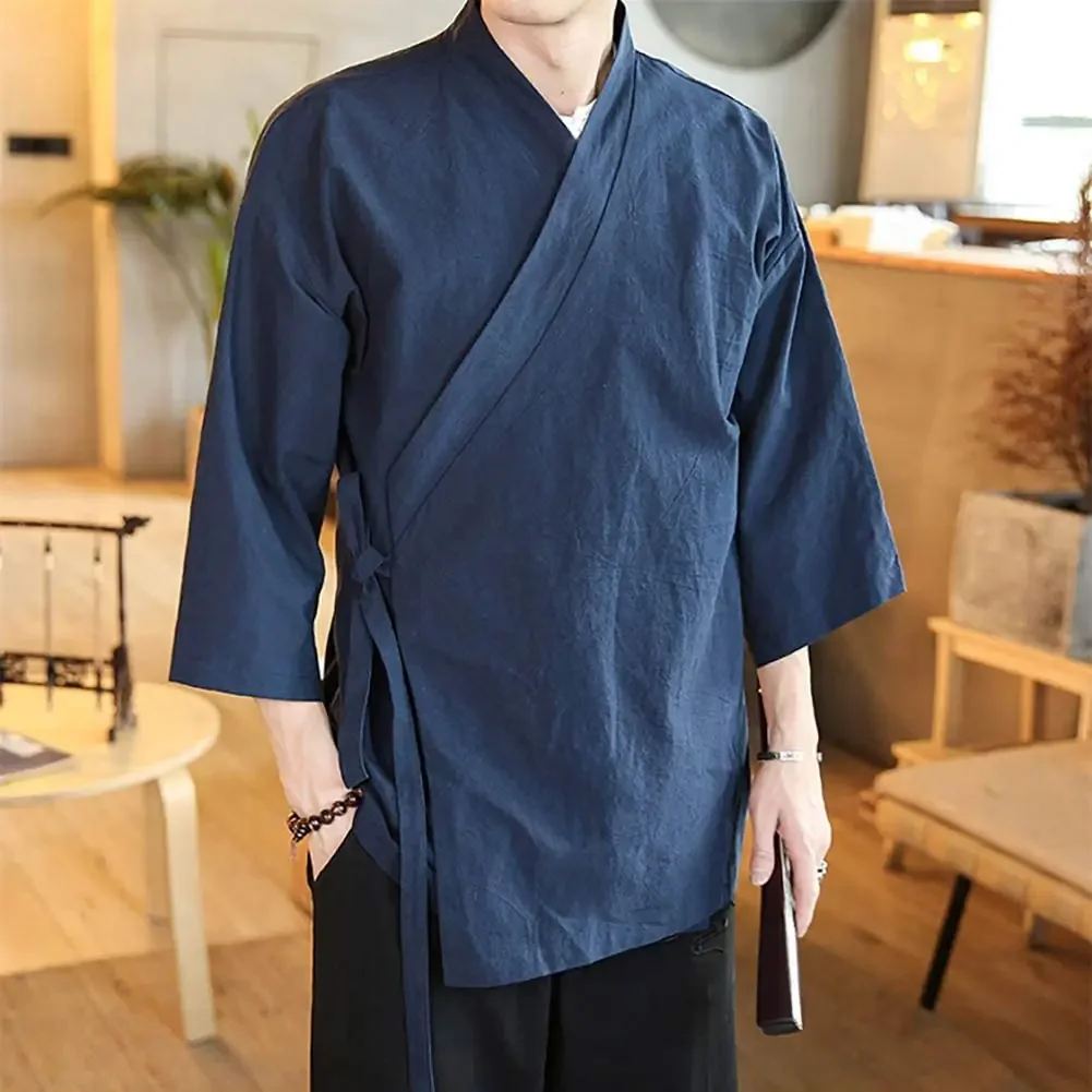 Men's Chinese Style Linen Cardigan Jacket Loose Kimono Jacket Solid Color Self-tie Hanfu Traditional Clothing 5XL