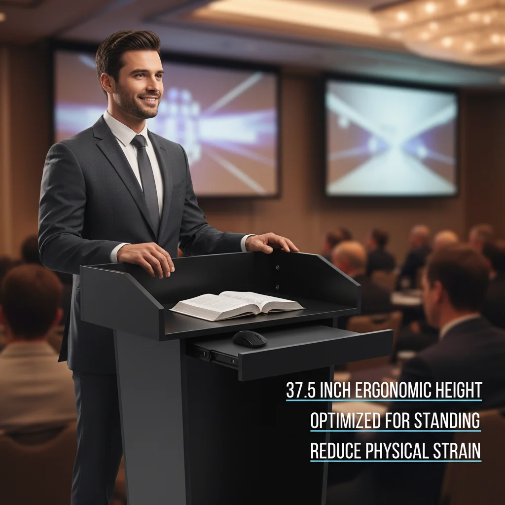 

Black Wood Podium Stand 27.5x37.5x11.75in, Church Lectern Pulpit with Sliding Drawer, Heavy Duty Presentation Desk for Conference Room Office, 110 lbs Capacity