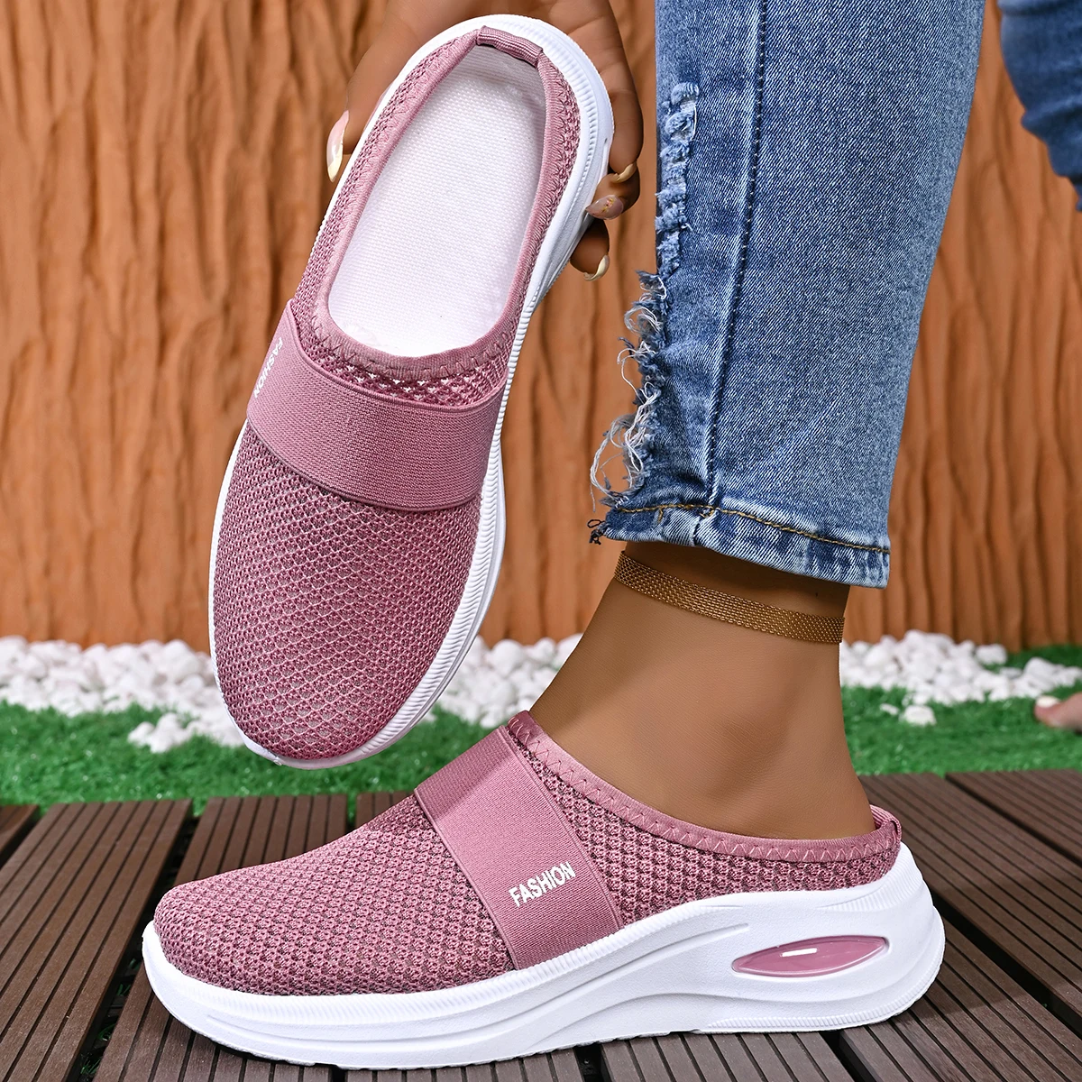 Women Mesh Backless Mules Air Cushion Platform Orthopedic Slip On Walking Slides