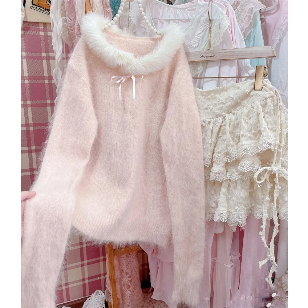 

2026 зимние корейские милые розовые милые рубашки Kawaii, свитера, женские элегантные белые повседневные пуловеры с открытыми плечами и длинными рукавами