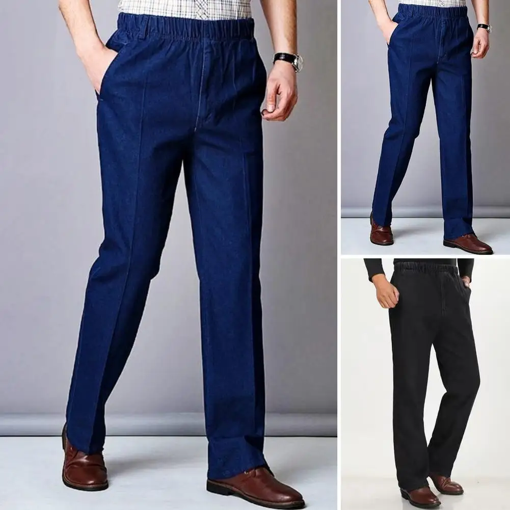 Удобные мужские джинсы для отца среднего возраста, облегающие джинсы с эластичной талией и карманами с высокой талией, повседневный дизайн до щиколотки