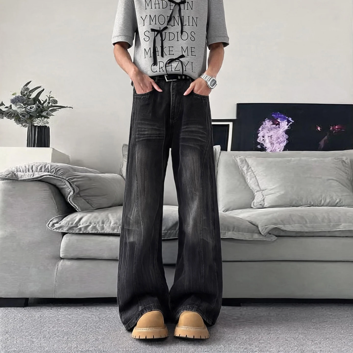 High Quality Micro Flared Cleanfit Men's Jeans, Men's Patchwork Casual Pants, Slimming and Retro Fashion Jeans