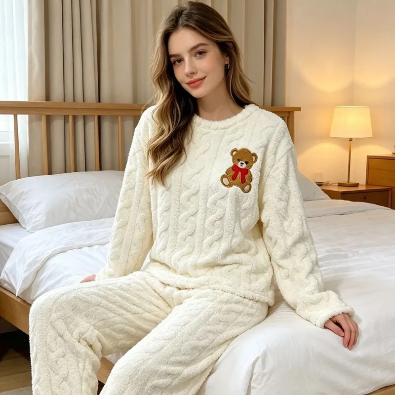 2 Piece Ladies Embroidered Bear Flannel Pajama Set for Women Winter Nightgown Warm Long Sleeve Loungewear Home Wear