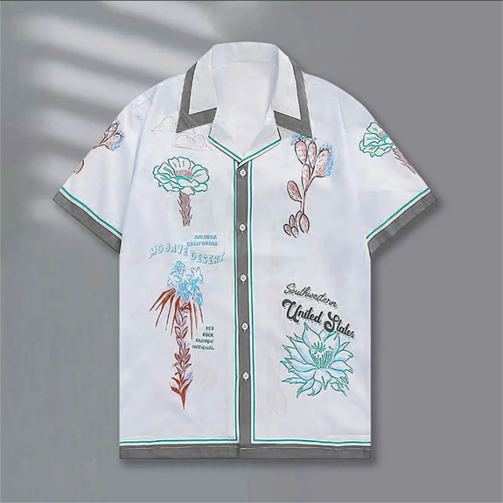 Retro letter shirt casual breathable men\'s shirt 2024 contrast color street trend short-sleeved shirt summer Hawaiian shirt