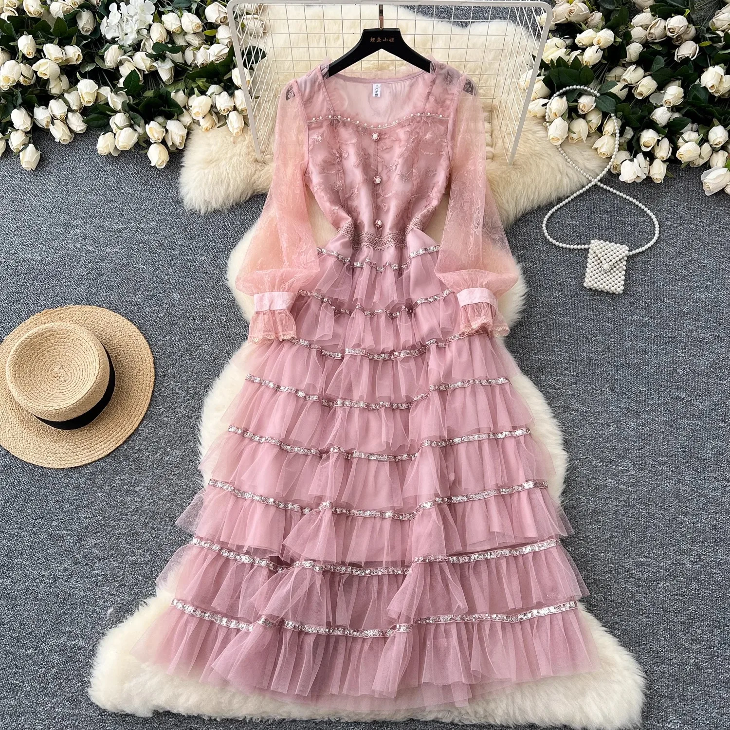 

Women's Square Collar Sweet Pink Beading Embroidery Sequins Mesh Multilayer Cake Dress Casual Lady Sequined Lace A-Line Vestido