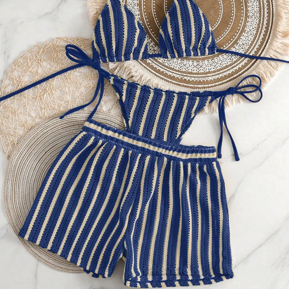 Ensemble de 3 pièces style bohème en tissu crochet avec cordon de serrage, paréo et ensemble de bikini pour les vacances d'été à la plage
