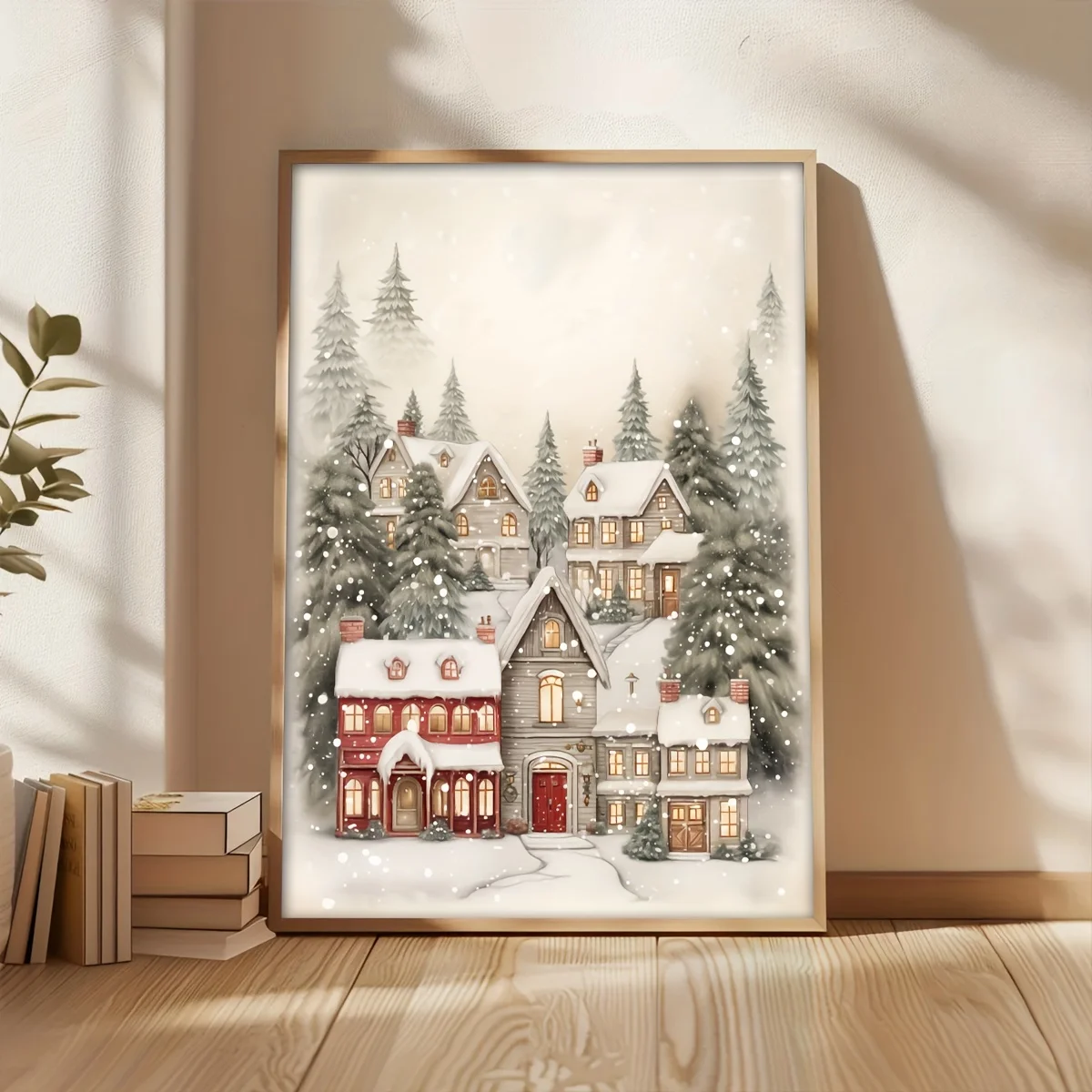 Vintage Village Poster - Snowy Winter Landscape Canvas Print with Red Roof Houses, No Frame  - Indoor Holiday Decor for Living R