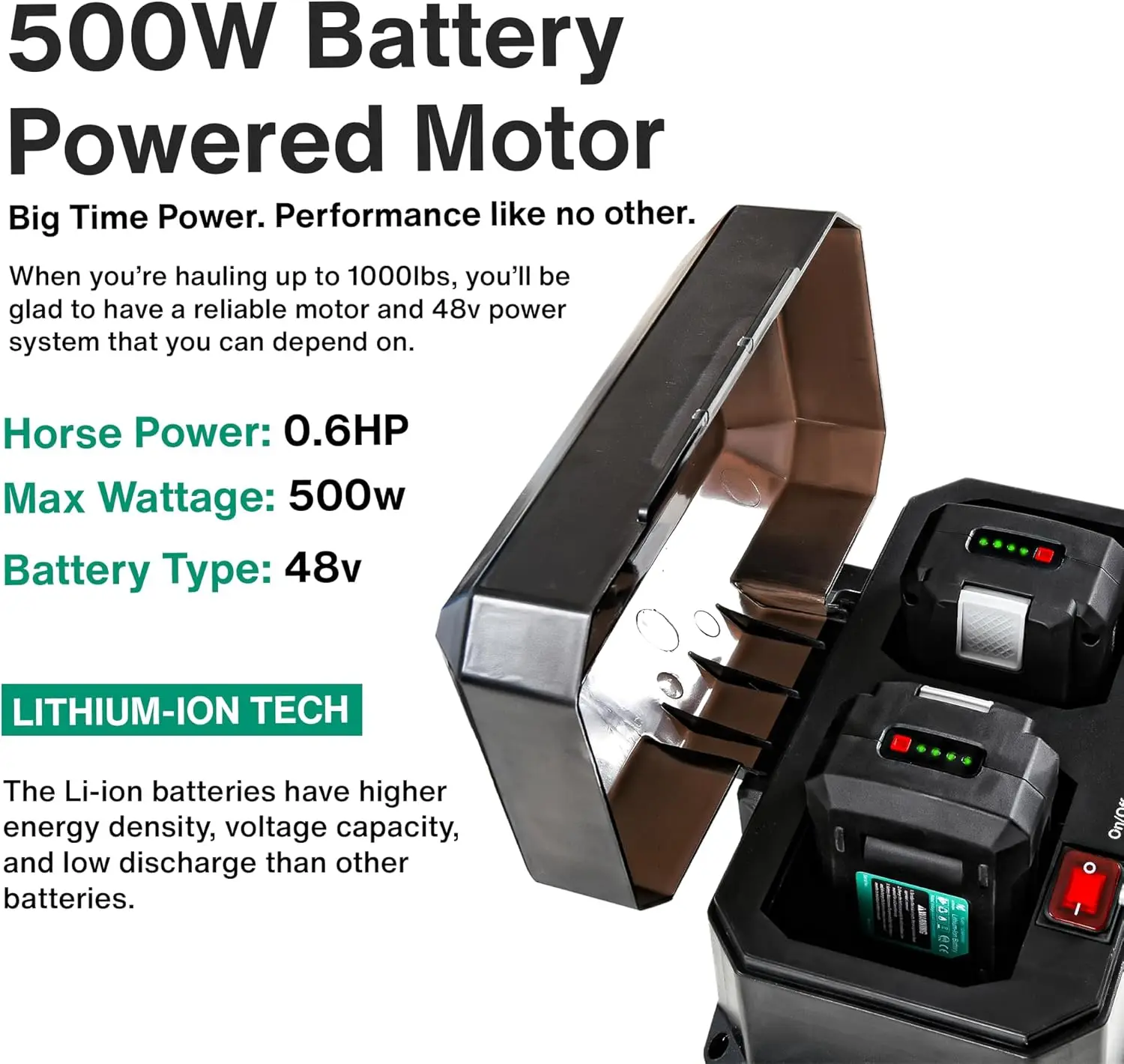 عربة خدمة المرافق عربة اليد الكهربائية فائقة التحمل 48 فولت تيار مستمر بطارية ليثيوم أيون تعمل بالطاقة، تحميل 500 رطل وأكثر من 1000 رطل