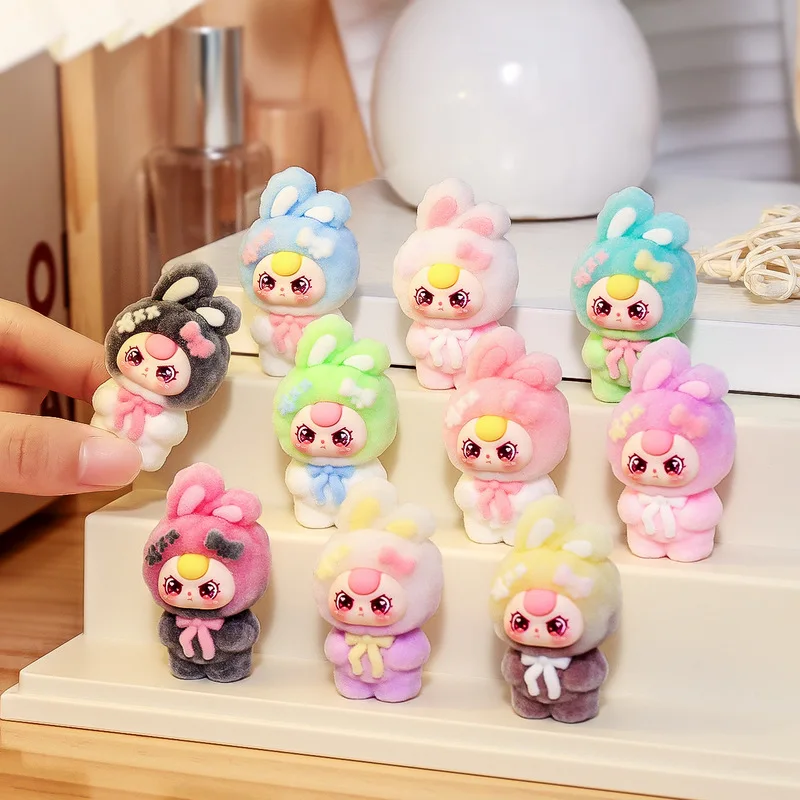 DIY BabyThree Flocking Gradient Color Blind Box Work Partner Office Desktop Decoration Kawaii Wholesale Trendy Toy surprise Gift