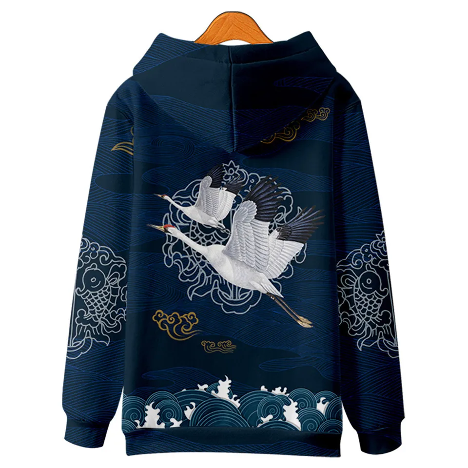 Kanagawa Wave Crane Print Hoodies Sweatshirt Autumn Winter Casual Oversized Hooded Hoodie Harajuku Pullover Women Men Clothing