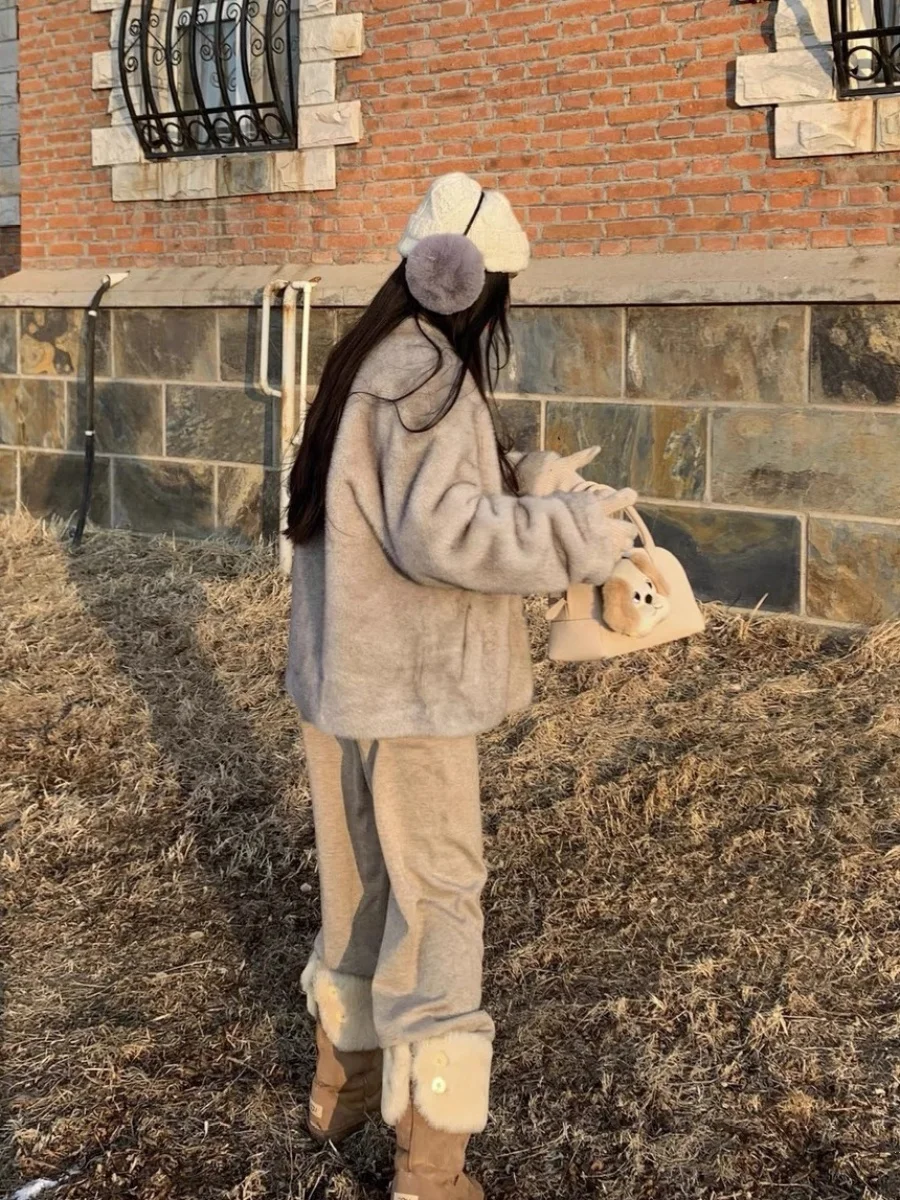 Abrigo de Piel Sintética Ecológico para Mujer, Corte Holgado, Elegante, Piel Sintética de Aspecto Natural, Estilo Coreano, Cuello en V, Manga Larga