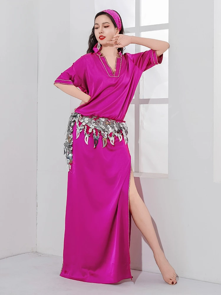 Traje de danza del vientre ligero de lujo Folk Baladi satén bata de taladro caliente traje de actuación de práctica de danza Oriental