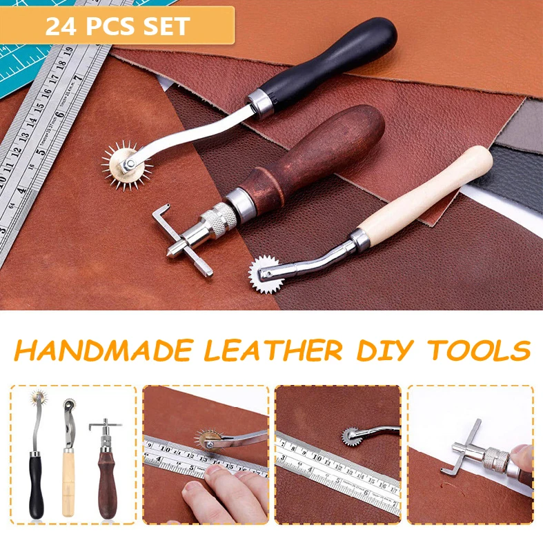 24Pcs Leather Crafting Craft Working Tool Kit Sewing Stitching Punch Carving Diamond Leather Hand Tools Hand DIY Accessories Set