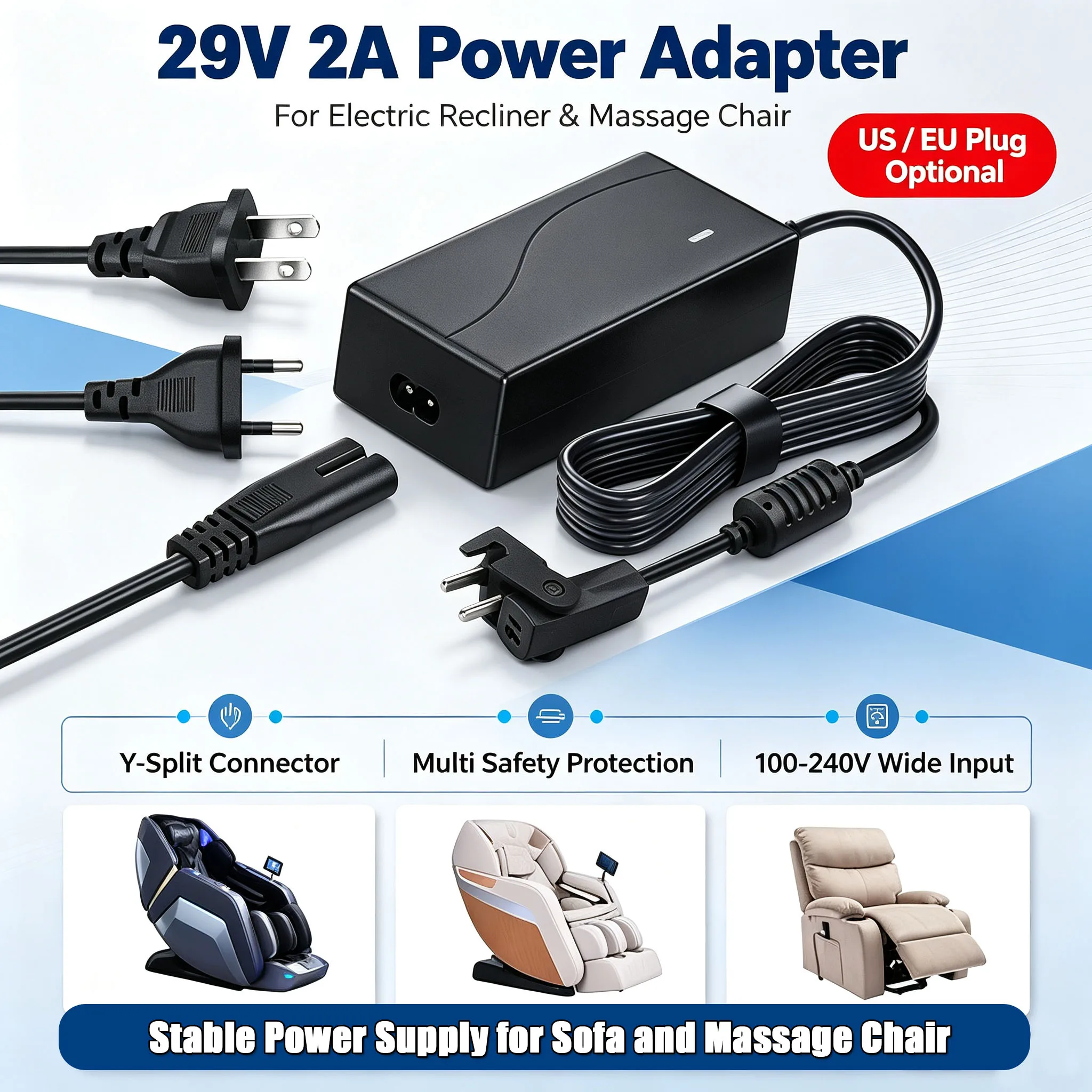 Universal 29V 2A EU US DC Power Adapter Electric Recliner Sofa Chair Adapter Transformer Power Supply with Overload Protection