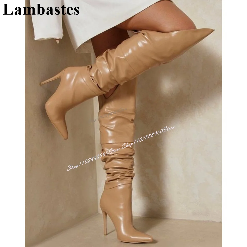 Knee High Khaki Pleated Leather V-top Boots Thin High Heel Women Shoes Slip-On Pointed Toe 2024 Fashionable Zapatos Para Mujere