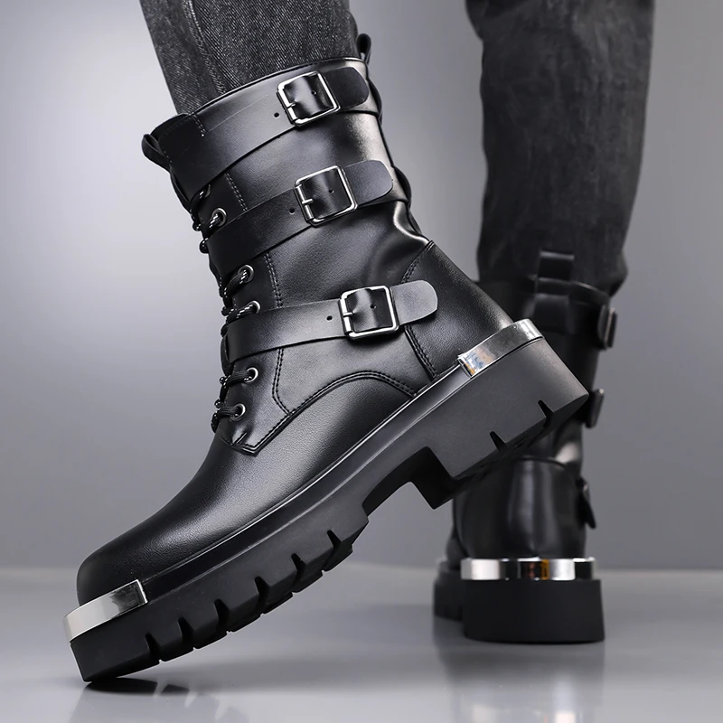 men's casual hip hop rock high platform boots black trendy original leather shoes cowboy long boot designer motorcycle botas man