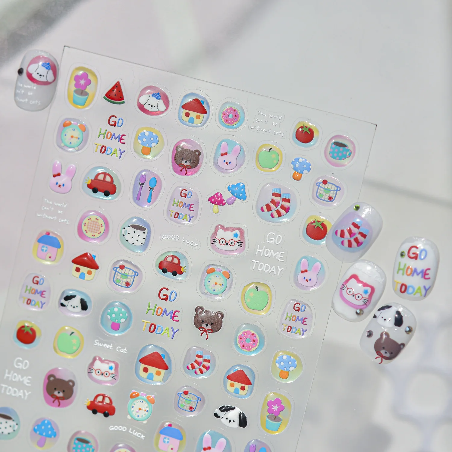 Cartoon Doodle Jelly Oval Graffiti Line Cat Rabbit Mushroom Milk Cup Tomato Note 5D Nagelaufkleber Selbstklebende Aufkleber Maniküre