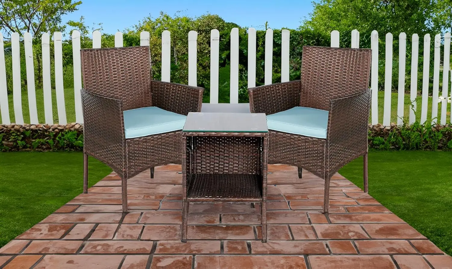 Btexpert Outdoor Wicker Patio Conversation 3 Piece Bistro Set Garden Yard Porch Furniture Space Saving Rattan Two Chairs