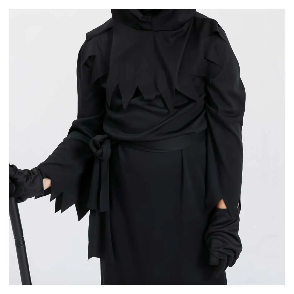 Traje de Cosplay Black Death para Crianças, Festa de Halloween, Robe Longo, Desempenho de Palco Assustador, Roupas com Capuz