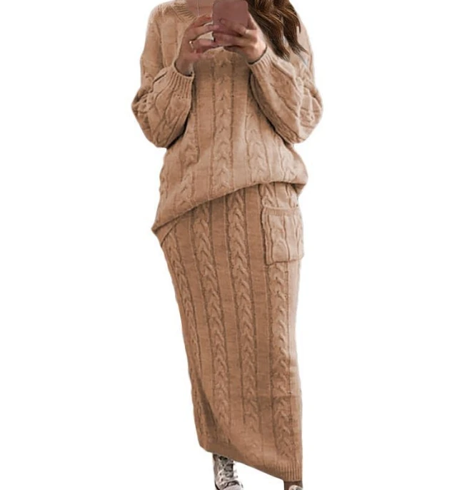 

Women's Two-Piece Fashion Fried Dough Twists Knitting Sweater Suit Skirt Temperament Commuting Simple Retro Two-Piece Set