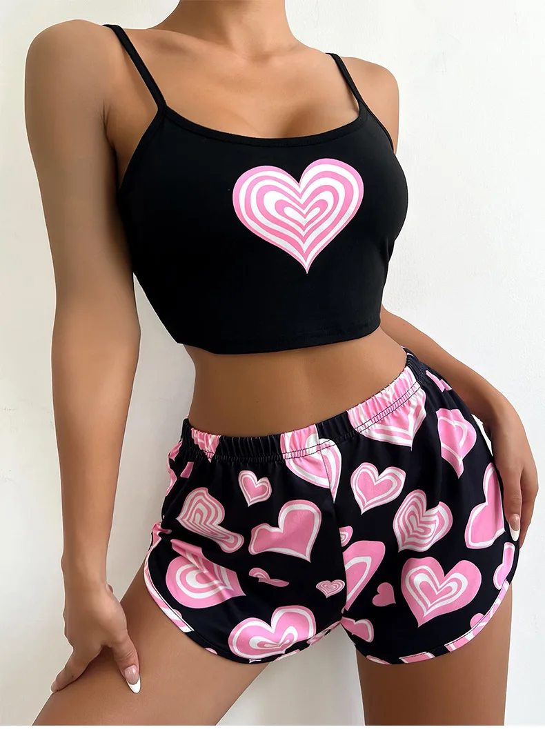 2 Pieces Pajamas for Girls Set Summer Women Sleepwear Short Sleeve Nightgown Female Ladies Sexy Lingerie Pyjamas Heart Print